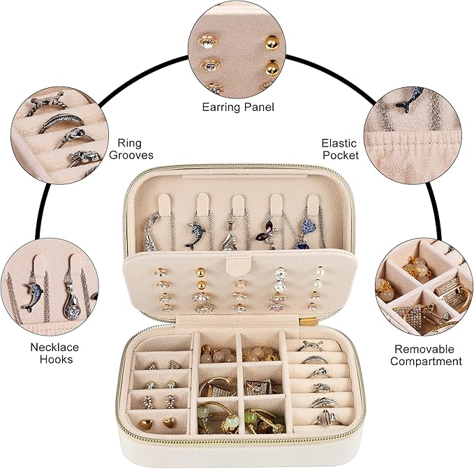Dajasan Velvet Travel Jewelry Boxes, Small Travel Jewelry Case, Portable Travel Jewelry Organizer Box for Birthday Mother's Day Valentine's Day (Beige)