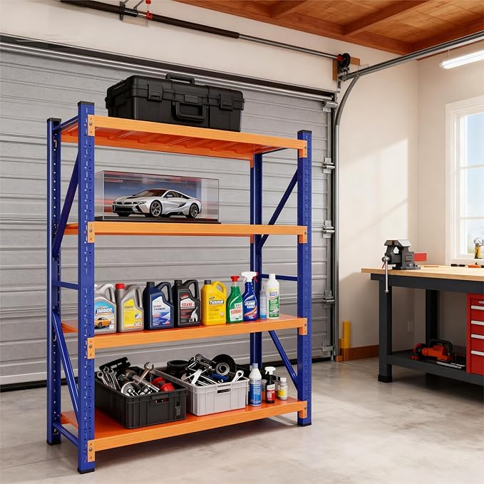 79" H Garage Shelving,3500LBS Heavy Duty Storage Rack,4 Tiers Metal Storage Rack Shelf, Adjustable Shelving Unit for Garage,Kitchen,Warehouse,Basement,78.7" H x 47.2" W x 19.6" D,Blue&Orange