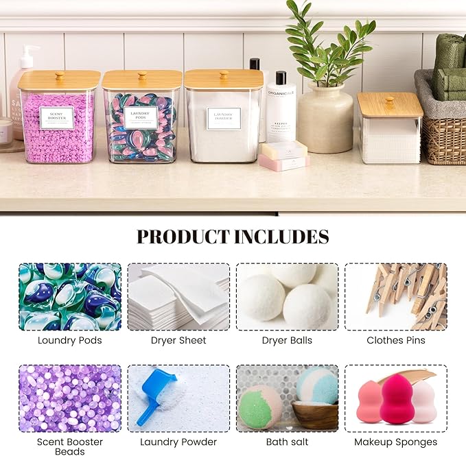 2 Pack Laundry Pods Container,Laundry Room Organization and Storage Containers with Wooden Lids & Labels Large Laundry Detergent Container for Powder,Scent Booster,Pods,Dryer Ball