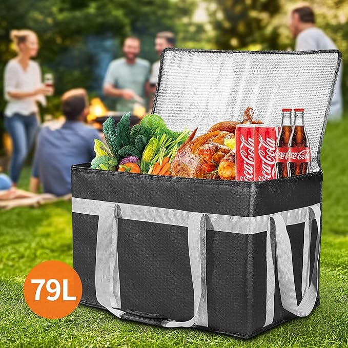 XXXL 2 Pack Insulated Food Delivery Bag with Removable Hard Bottom, Reusable Insulated Grocery Bag for Hot and Cold Food, Catering Cooler for Doordash, Warmers, Parties (Black+Red)