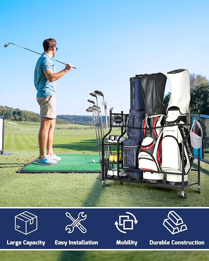Golf Storage Rack, Garage Golf Organizer for 3 Golf Bags, Clubs, Balls, Shoes & Accessories, Garage Home Heavy Duty Golf Equipment Storage