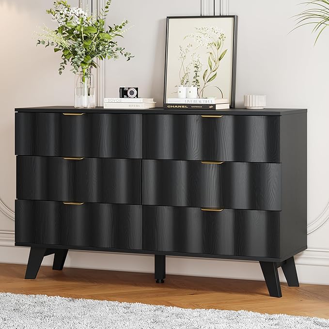 6 Drawer Dresser, Modern Fluted Storage Dresser with Deep Drawers and Metal Handles, Wood Chest of Drawers Storage Organizer for Bedroom, Living Room, Hallway (Black)