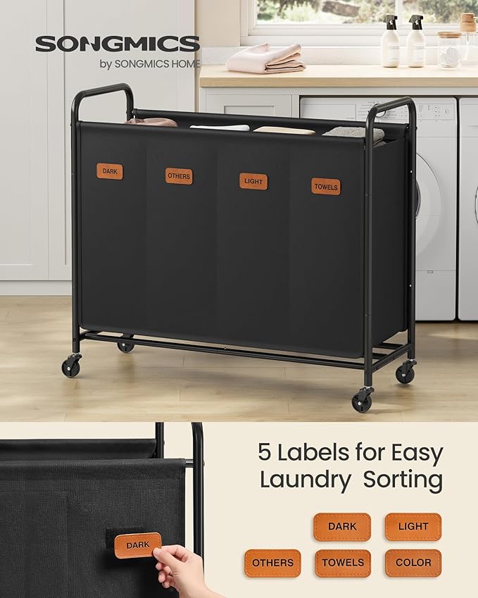 SONGMICS 4-Section Laundry Sorter, Laundry Hamper with Wheels, Rolling Clothes Hamper Cart with Large Capacity and Removable Bags, for Laundry Room, Bedroom, Bathroom, Ink Black URLS460B01