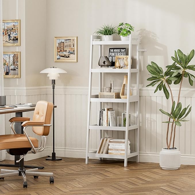 Bookshelf, 5 Tier Ladder Bookcase with Bamboo Frame, Freestanding Tall Narrow Display Plant Shelf for Living Room, Kitchen, Bedroom, Balcony, White