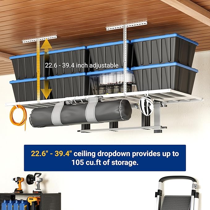 FLEXIMOUNTS 4x8 Overhead Garage Storage Rack with 6 Hooks, Adjustable Storage Organization System, Heavy-Duty Metal Ceiling Racks, 22.6" -39.4" Ceiling Dropdown, Lite Series