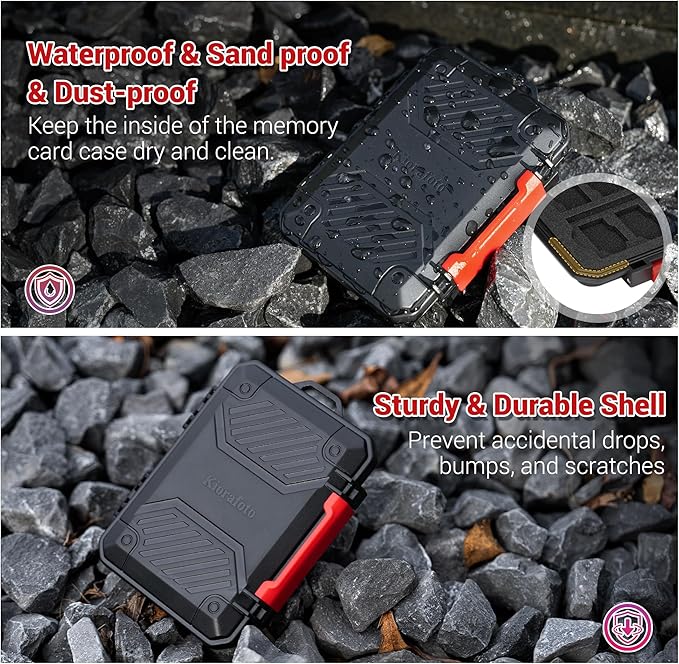 22 Slots SD MicroSD Memory Card Case, IP67 Waterproof Anti-Shock Memory Card Holder for 8 SD SDHC SDXC Cards, 12 MicroSD TF MSD Cards, 2 Nano SIM Storage Carrying Case - Black