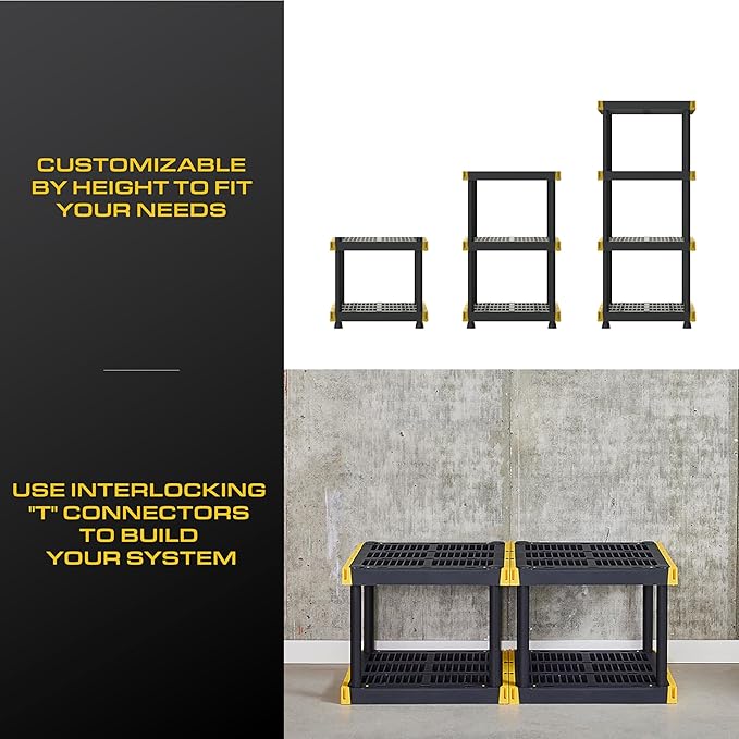 BLACK & YELLOW 4-Tier Heavy Duty Plastic Storage Shelving Unit, 100lbs/shelf (55H x 24W x 20D), for Indoor/Outdoor Organization, Modular Rack, Extremely Durable, Made in The USA