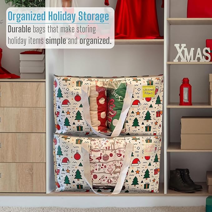 VENO 2 Pack Moving Bags, Large Christmas Storage Bins with lids, Packing Supplies for College, Alternative to Moving Boxes, Foldable, Heavy-Duty Tote, Christmas Pattern (Jingle Mix, 2 Pack)