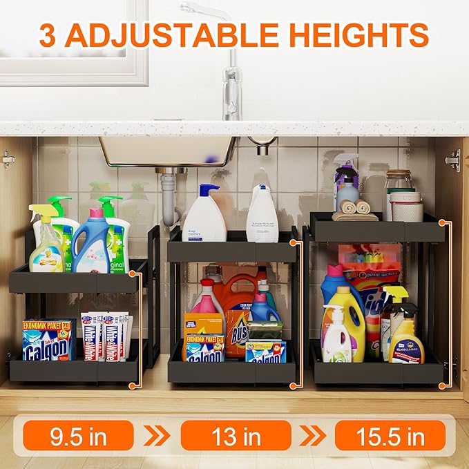 Golener 2-Tier Expandable Pull Out Cabinet Organizer - Pull-Out Drawers for Kitchen Cabinets, 2 Slide Home Storage Organizers, Slide Out Shelves for Base Cabinet Organization in Kitchen, Black Metal