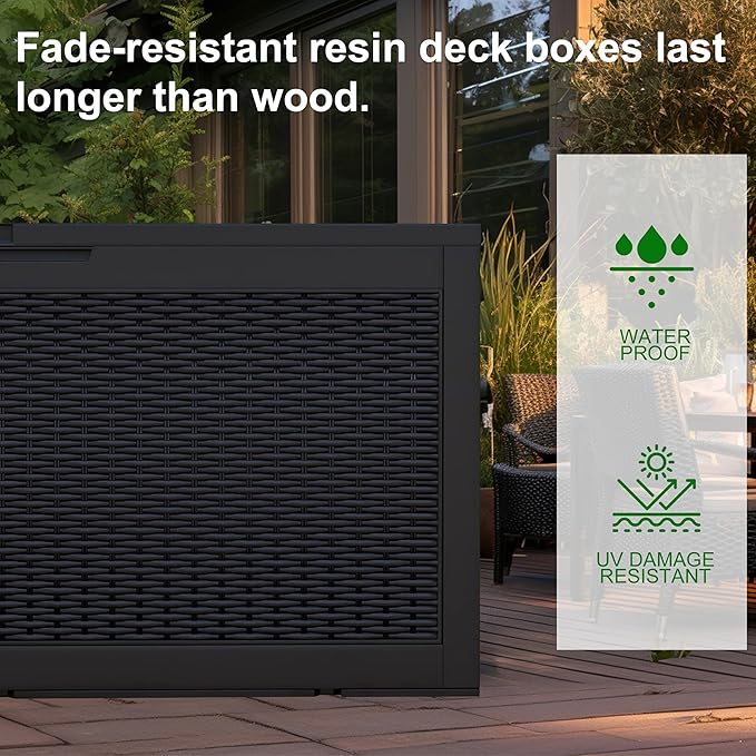 120 Gallon Outdoor Deck Box,Storage Lockable Waterproof Patio Furniture,Garden Tools,Cushions,Pool Accessories Outside Storage Resin Box(Black)