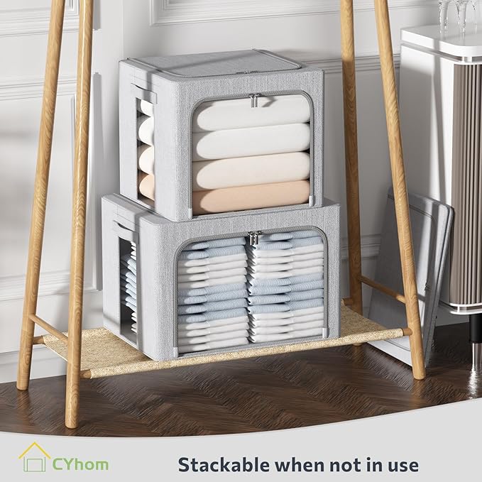 CYhom 3Pack Foldable Storage Bins - Frame Storage Box Linen Fabric Stackable Clothes Container Organizer with Clear Window & Carry Handles Large Capacity (Small-22L, Light Grey)