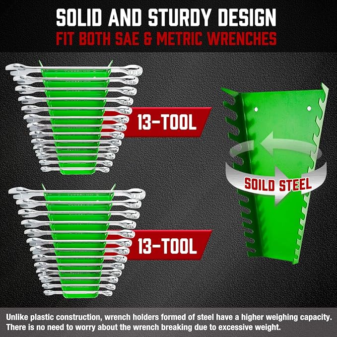 ALOANES 78-Slot Metal Wrench Organizer, Heavy Duty Wrench Organizer Tray for Tool Box, Fit SAE & Metric Wrench Storage, 6 Pack Wrench Holders(Green)