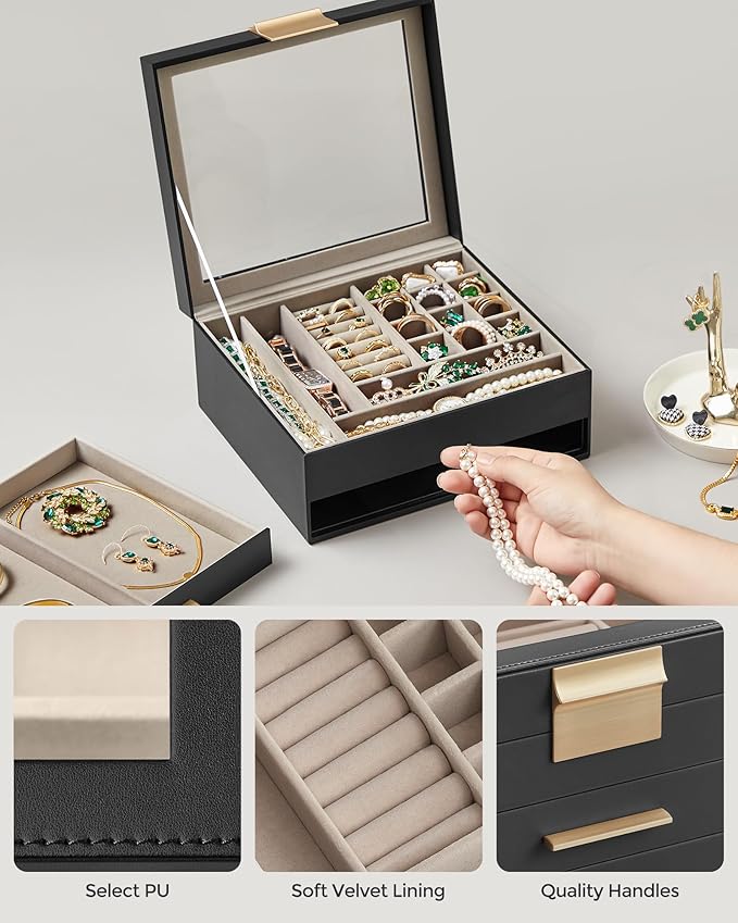 SONGMICS Jewelry Box Organizer with Glass Lid, 2-Layer Jewelry Storage, with 1 Drawer, Modern Style,Christmas Gift, 8 x 9.1 x 4.1 Inches, Graphite Black and Gold Color UJBC174B01