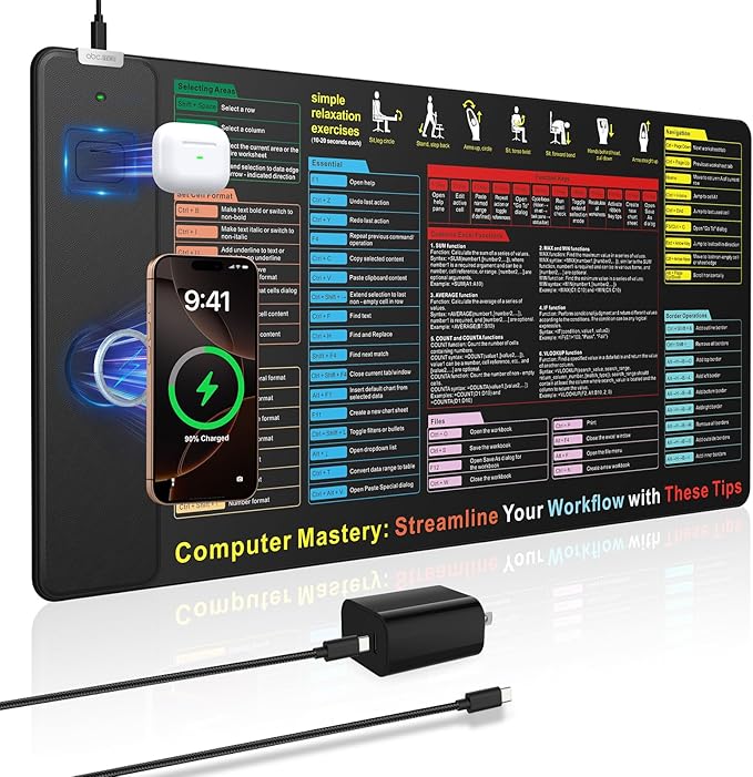 Excel Cheat Sheet Mouse Pad with Wireless Charging, 31.5"x15.8" Extended Excel Shortcuts Desk Pad, Waterproof Ultra-Smooth Keyboard Mat, Non-Slip Base