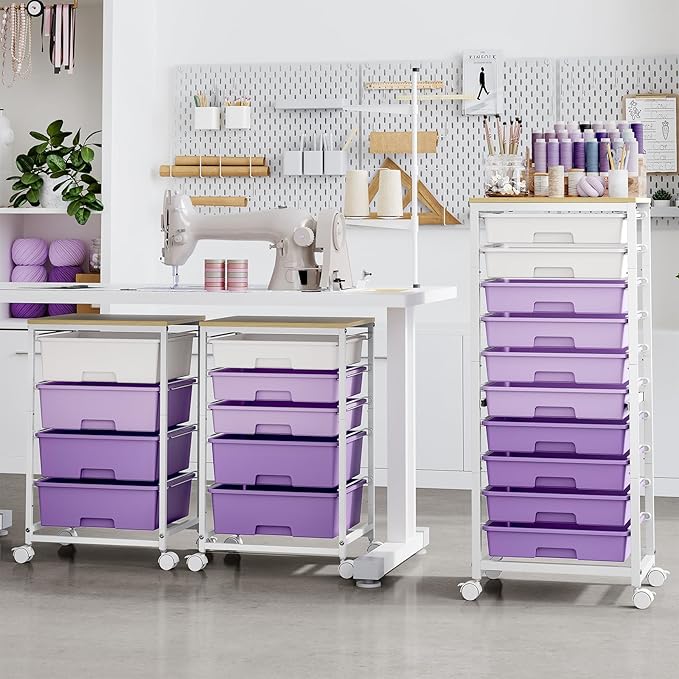 Rolling Cart with Drawers,10 Drawer Rolling Cart,Storage Cart with Wheels,Utility Cart with Drawers,Teacher Cart for Classroom Storage,Craft Cart with Wheels and Wooden Tabletop,Purple
