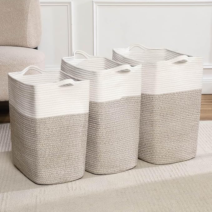 Tall Laundry Basket With Handles,Woven Cotton Rope Big Laundry Hamper Sorters,Versatile Storage for Dirty Clothes,Baby Toys,and Blankets in Bathroom, Nursery,and Living Room (White Brown, 68L)