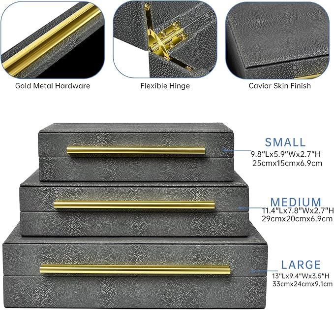 Faux Shagreen Leather Jewelry Storage Boxes Set of 3 with Gold Handles, Velvet Lined Stackable Organizer for Women, Vanity, Dresser, Gift, Grey