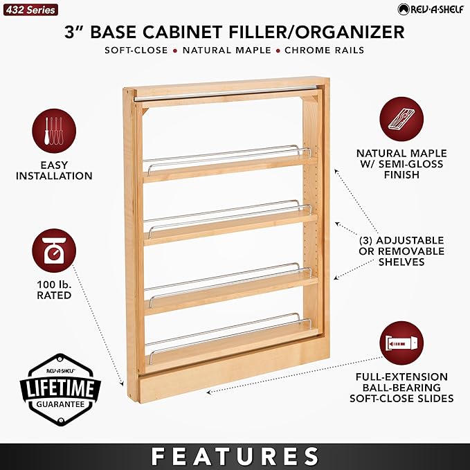 Rev-A-Shelf Base Filler Pullout Organizer Rack for Kitchen/Bathroom Cabinets w/Soft-Close, 3"