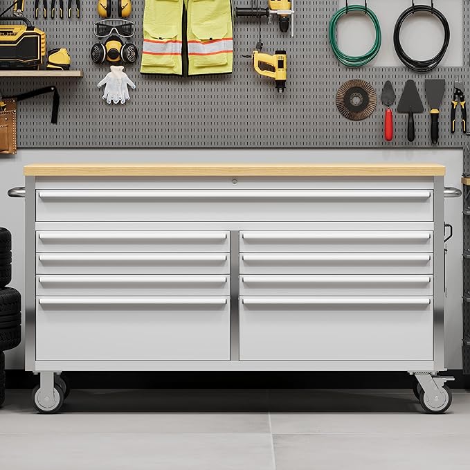 61 in Tool Chest, Tool Box Mobile 9 Drawers Storage Rolling Cabinet with Wheels Lock Key Locking System Drawer Liners for Garage Warehouse Repair Shop