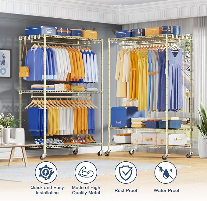 P8 Heavy Duty Clothes Rack（With Extended Width Design） Rolling Clothing Racks for Hanging Clothes，Portable Garment Rack with Lockable Wheels，51.2" W x 15.8" D x 80.5" H，Max Load 700LBS，Gold