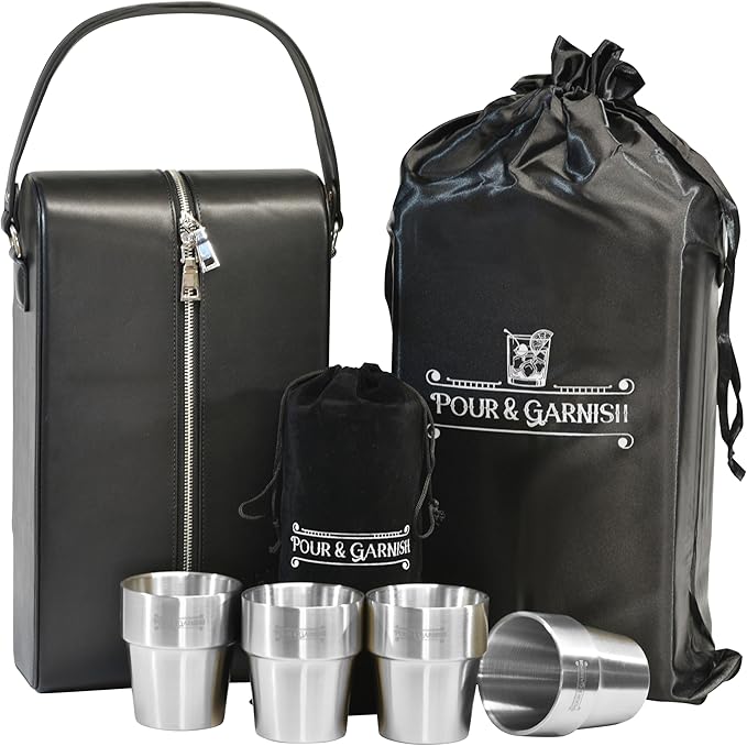 POUR & GARNISH Bourbon, Whiskey & Wine Double Bottle Travel Bag – Vegan Leather Spirits Carrier with 4 Stainless Steel Insulated Glasses & Gift Pouch – Luxury Barware Gift