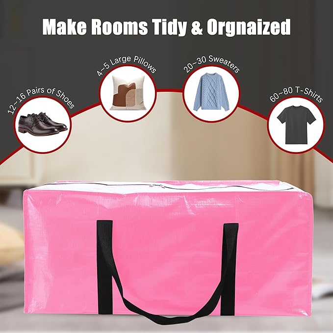 12 Pack Extra Large Moving Bags with Zippers & Carrying Handles, Heavy-Duty Storage Tote for Space Saving Moving Storage, Fold Flat, Alternative to Box and Bin,Pink