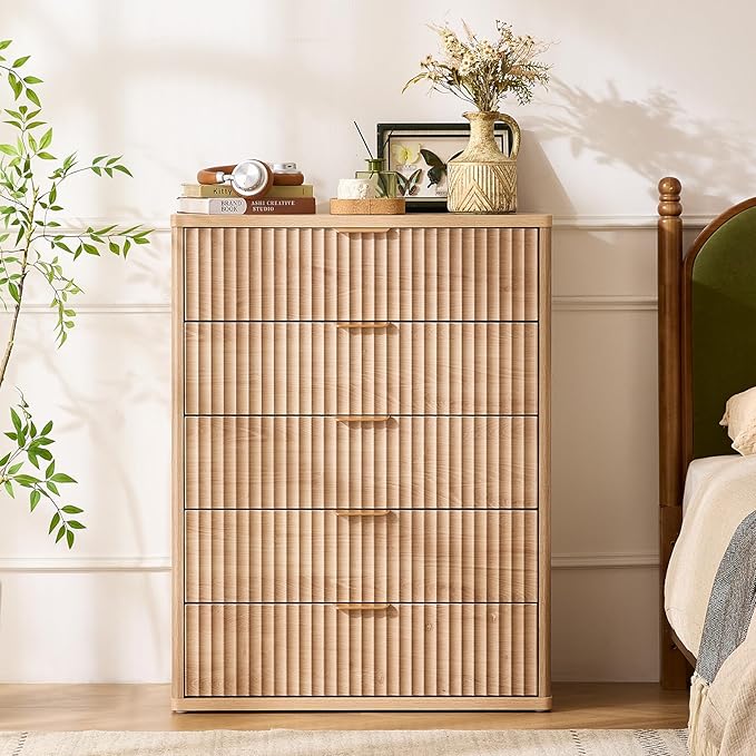 LEYAOYAO Fluted 5 Drawers Dresser for Bedroom Set of 2, 41" Tall Modern Chest of Drawers with Metal Handle, Curved Profile Design,Natural Wood Drawer Organizer for Bedroom, Living Room, Hallway
