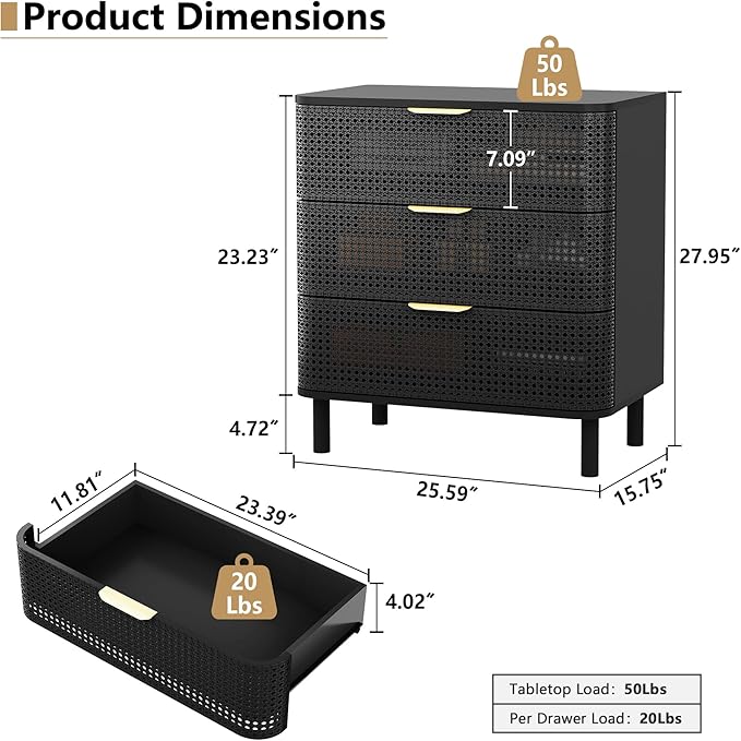 ORRD 3 Drawer Dresser, Modern Iron Rattan Cabinet Dresser for Bedroom, Large Nightstand Accent Storage Chest of Drawers for Living Room, Bedroom - Black