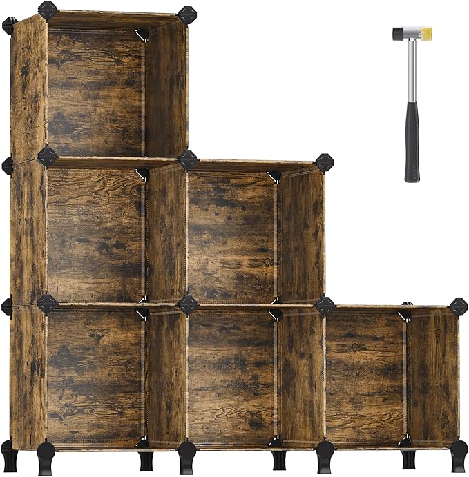 SONGMICS 6 Cube Storage Organizer, Modular Bookshelf, DIY Closet Organizers and Storage, Plastic Stackable Shelves, 11.8 x 11.8 x 11.8 Inch Cubes, with Feet and Rubber Mallet, Rustic Brown ULPC111A01
