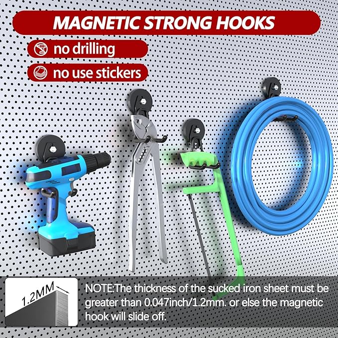 3-H Heavy Duty Magnet Garage Hooks 4 Pack, Large Strong Magnetic Hooks for Hanging Cordless Power Drill, Utility Magnetic Tool Holder for Metal Cabinet, Steel Pegboard, Toolbox, Garage(Black)