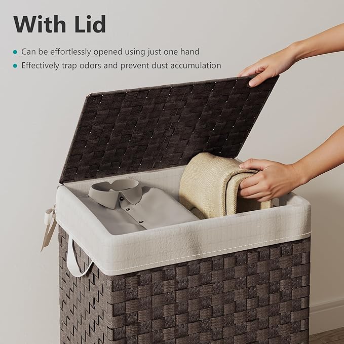 Foldable Laundry Hamper Basket with Lid by Fiona's magic, Handwoven 96L Large Clothes Hamper with Removable Liner Bags, Collapsible Tall Hamper for Bedroom, Bathroom and Dorm Organizer, 2Pack, Brown
