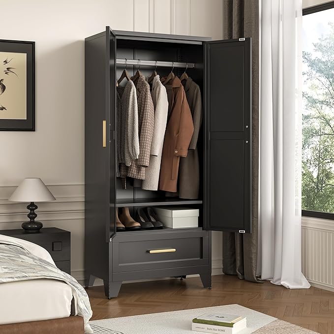 71" Tall Metal Wardrobe Cabinet with Drawer and Hanging Rod, 2 Doors Armoire Wardrobe Closet with Shelf for Bedroom, Office, Laundry Room, Black