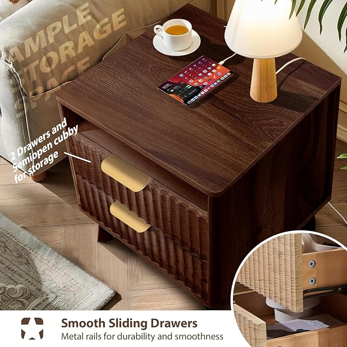 Fluted Nightstand - 24" Modern Bedside Table w/ 2 Drawers, Wood Bed Side End Table with Open Shelf, Night Stand with Storage Drawer, Curved Design Night Stands for Bedroom Living Room (Walnut)