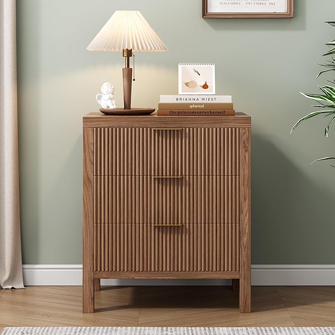 3 Drawer Dresser for Bedroom, Modern Wooden Chest with Handles, Fluted Dresser with Wide Drawers and Bearing Slide for Hallway, Entryway, Walnut