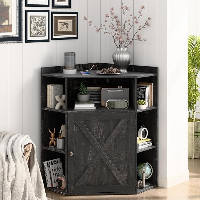 Corner Storage Cabinet, Farmhouse Corner Bookshelf with Storage 6-Cubby Wooden Cabinet with USB Ports and Outlets Industrial Organizer for Small Space, Study, Playroom, Living Room