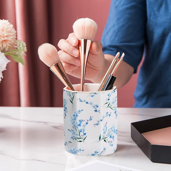 Pencil Holder for Desk Organizer,Ceramic Writing Utensil Storage Organizer Aesthetic Floral Pattern Pen Holder Pen Cup Makeup Brush Holder Creative Gift for Desktop Supplies,School Life Blue