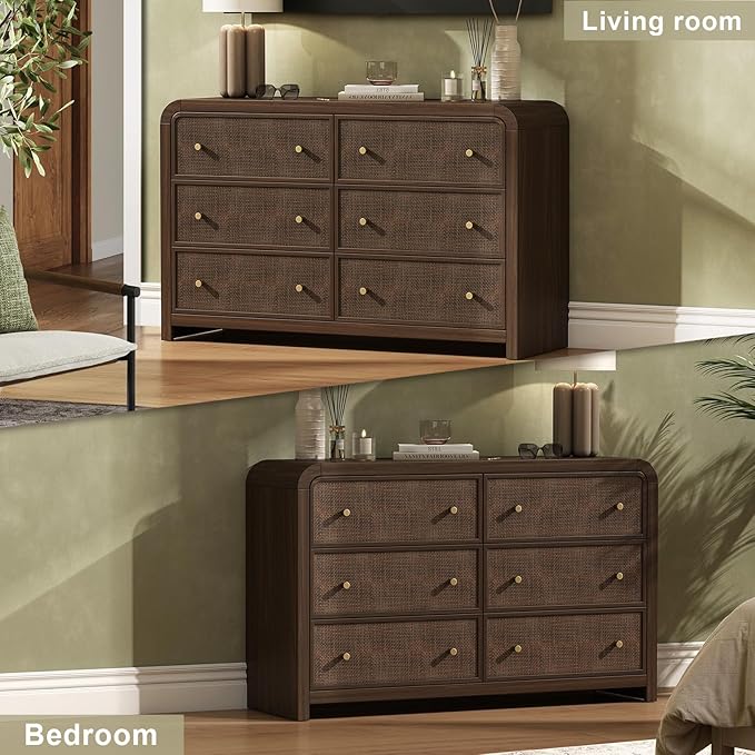 Oak&Sparrow 6 Drawer Dresser for Bedroom, 49'' Rattan Dresser with Ample Storage, Boho Chest of Drawers, Thickened Curved Profile Design, Dark Walnut Dressers for Bedroom, Living Room