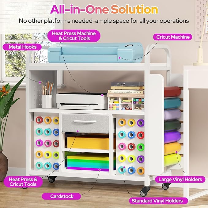 Craft Organization and Storage Cart, Large Rolling Craft Organizer Workstation with Vinyl Roll Holder & Hook up, Cutting Machine Stand Compatible for Cricut Machines, Craft Room