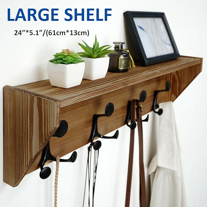 WEBI Wall Shelf with Hooks Underneath,24” Long Wall Mounted Coat Rack with Shelf,Entryway Coat Rack with 4 Triple Hooks for Hanging Coats,Jacket,Hallway,Bedroom,Mudroom,Brown