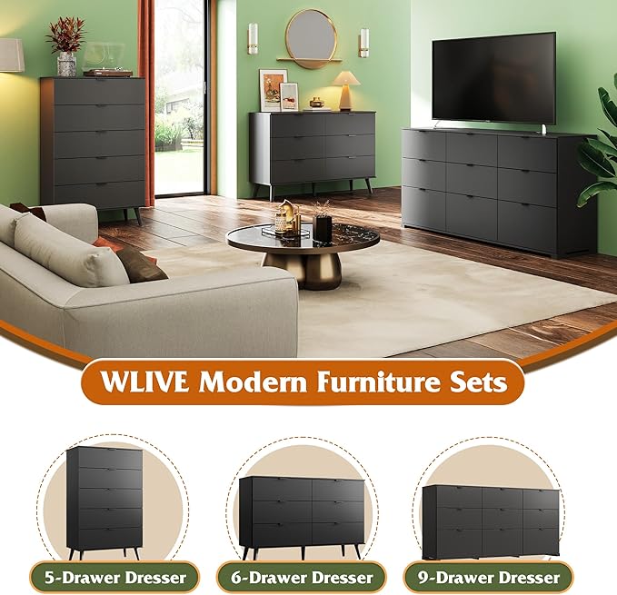 WLIVE Black Dresser for Bedroom, 47.24'' Wide 6 Drawer Wooden Dresser Storage Organizer with Sturdy Metal Handle, TV Stand for 55 inch TV, Chest of Drawers for Living Room, Hallway, Closet