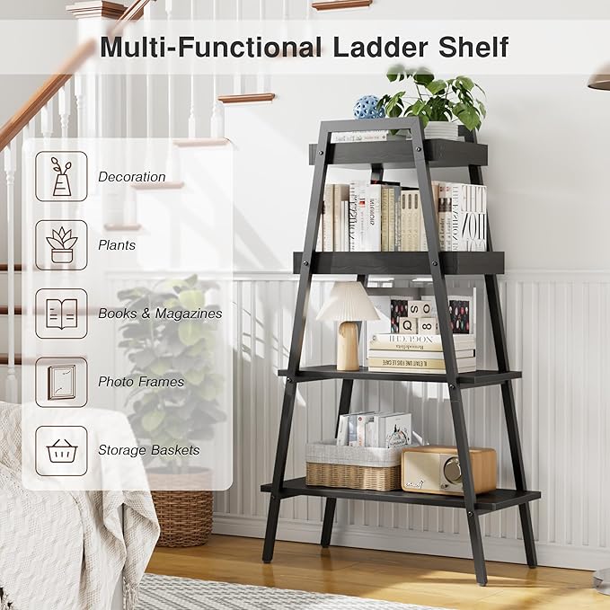 VECELO Ladder Shelf, 4-Tier Bookshelf with Enclosed Edges Design, Wooden Storage Rack Freestanding Bookcase for Living Room Home Office, Black