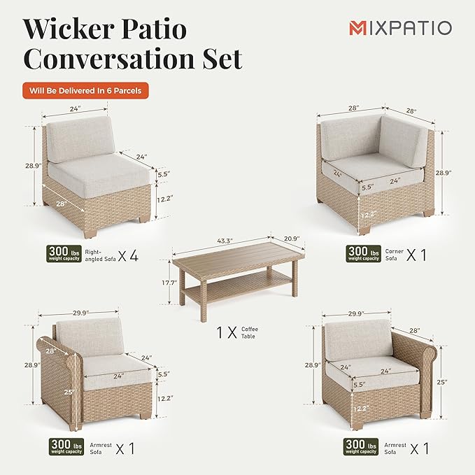 Patio Furniture Set, 8 Piece Outdoor Rattan Wicker Sectional Conversation Set with 5.5" Thick Waterproof Cushions and Coffee Table