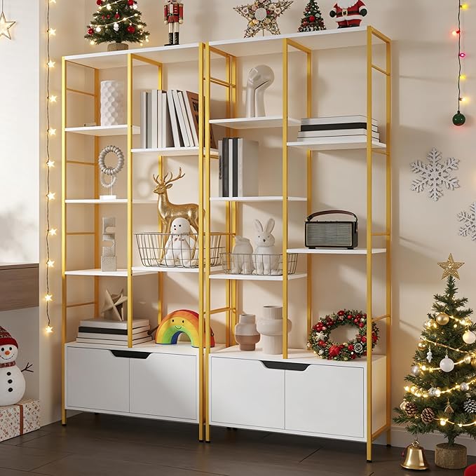 Bookshelf with Doors, 6-Tier Shelf with Storage Cabinet, 67" Tall Open Bookcase for Display, Industrial Retro Bookcase, Freestanding Storage Organizer Bookshelf for Living Room, White