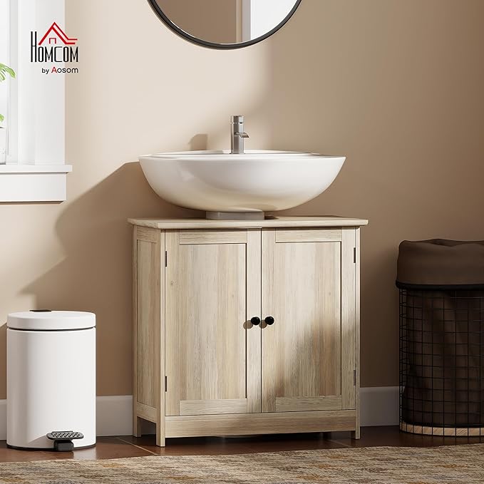 HOMCOM Under Sink Bathroom Cabinet, Pedestal Sink Storage Cabinet with 2 Doors, Shelf and U-Shape, Weathered Gray Oak