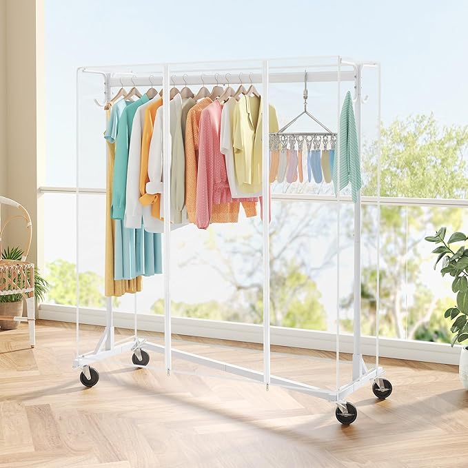 Hoctieon Z Clothes Rack with Cover, Metal Heavy Duty Clothing Rack, Rolling Garment Rack with Wheels, with Dustproof Cover Waterproof Protector, with 2 Durable Zippers, for Hanging Clothes, White