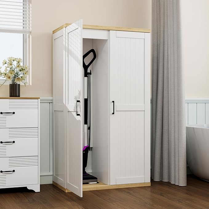 Wooden 55" Tall Broom Closet Storage Cabinet for Vacuum Cleaner & Floor Scrubbers with 2 Doors and Adjustable Shelf, Cleaning Supply Cabinet with Bottom Openwork for Laundry Room, Garage