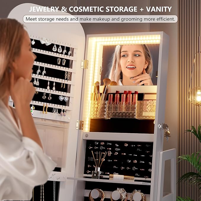 360°Swivel jewelry organizer with Full Length Mirror with Lights,Jewelry Armoires Cabinet Standing with Drawer,Large Mirror Storage for Jewelry and Makeup（White）