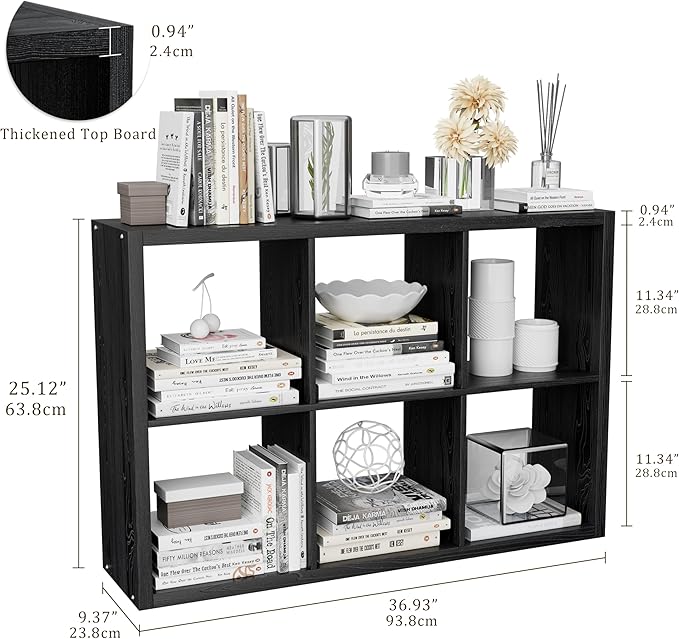 Cube Storage Organizer Bookcase, Decorative 11 inch Open Back Cubical Shelf with Thickened Border, Display Bookshelf for Living Room, Home Office, Sturdy Room (Black, 6 Cube)