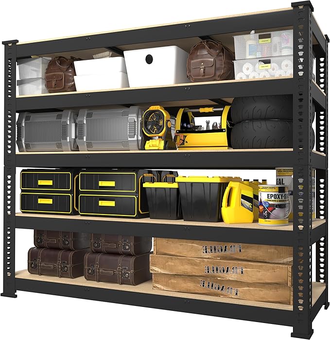PrimeZone 48" W x 18" D x 72" H Garage Shelving Heavy Duty - Adjustable Metal Storage Shelves, 5 Tier Industrial Shelving Unit, Utility Shelf Rack for Basement, Warehouse, Pantry, Closet, Black