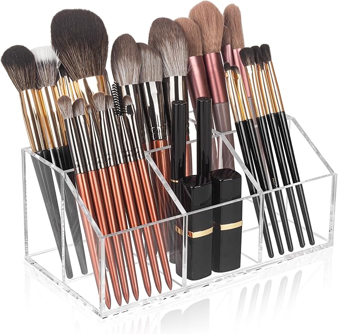 Clear Makeup Brush Holder Organizer Acrylic 6-Slots Cosmetic Brushes Storage Organizer for Vanity Countertop